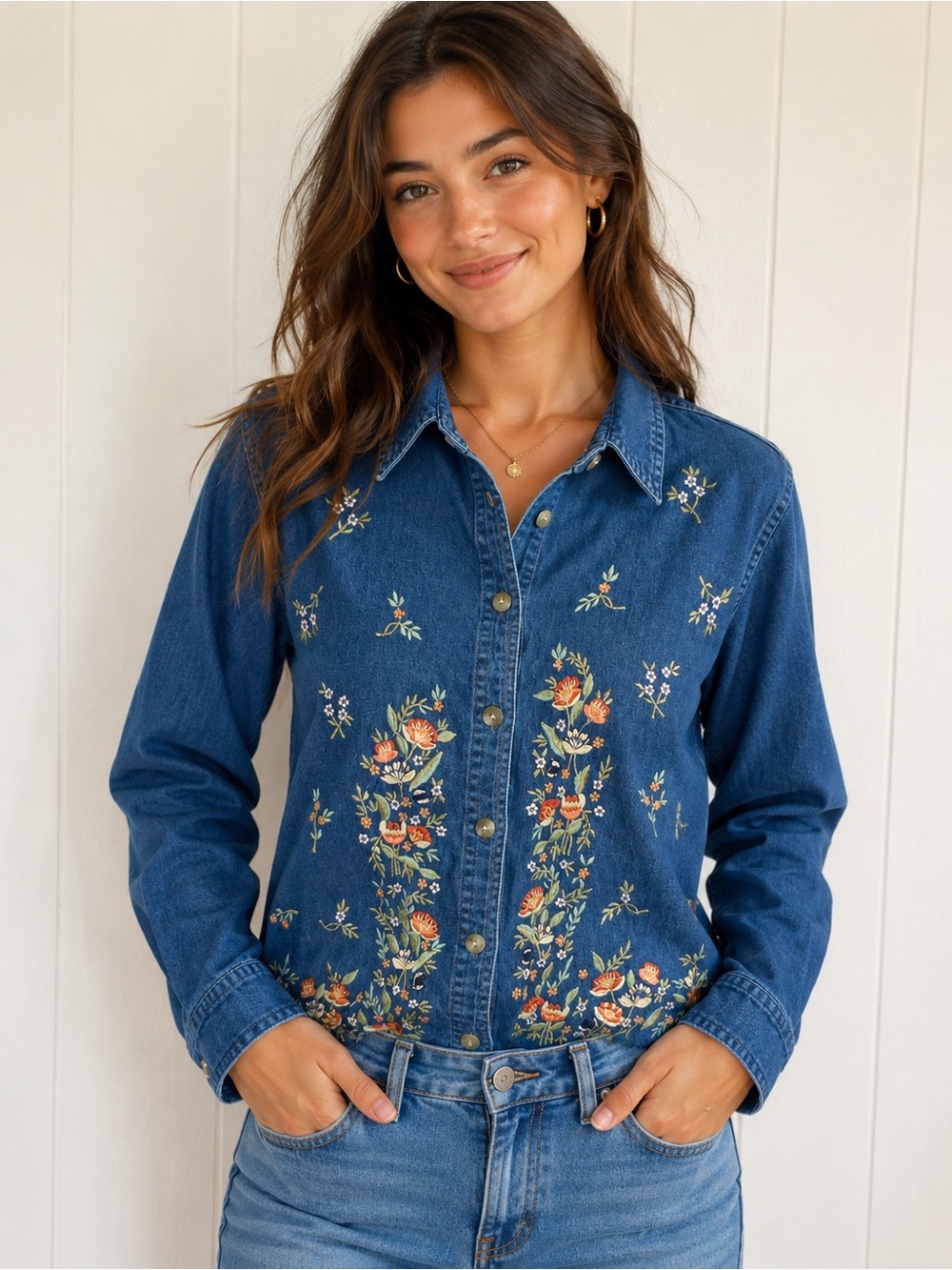Floral Embroidered Denim Shirt Jacket Floral Artsy Boho Cottagecore Petite Large